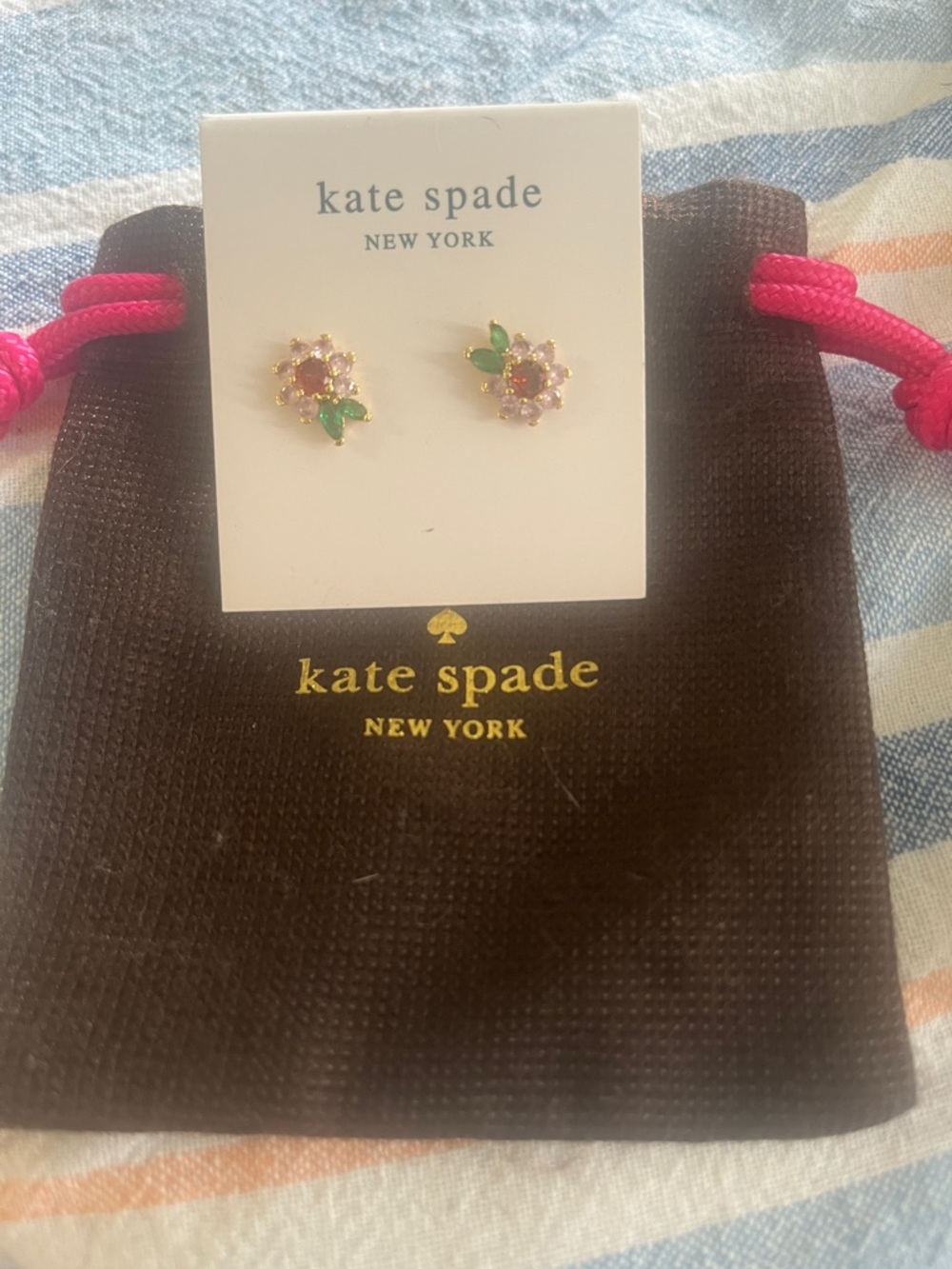 kate spade Gold Floral Crystal Stud Earrings with Pink and Green Accents